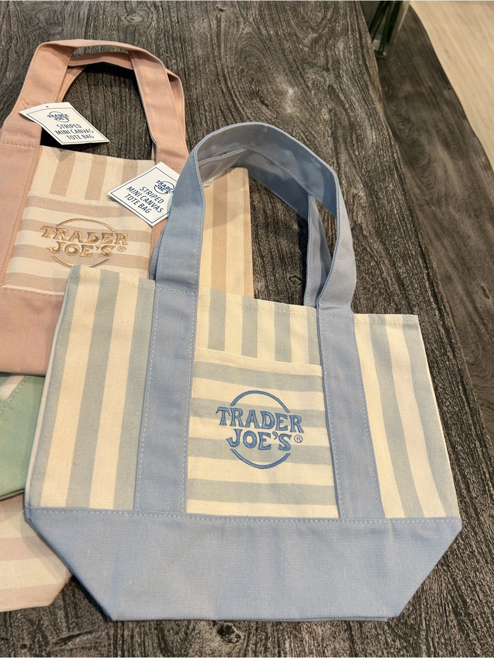 Trader Joe’s Striped Mini Canvas Tote Bags (4) Pink, Blue, Green, Tan - Picture 9 of 10